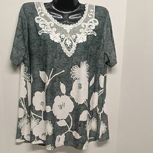 Floral Lace Trim Blouse - Green